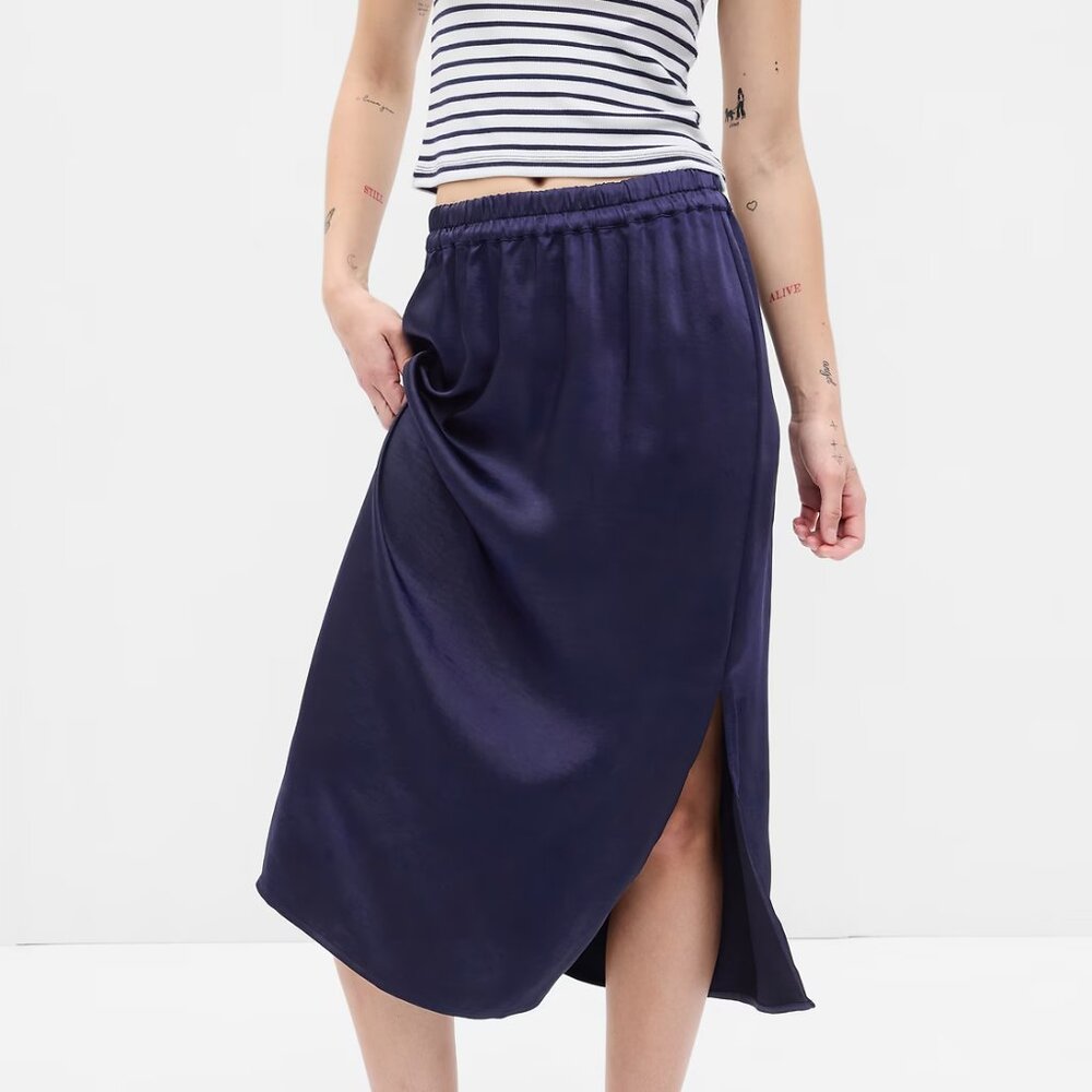 Gap satin midi skirt, navy blue, size PXS, NWT